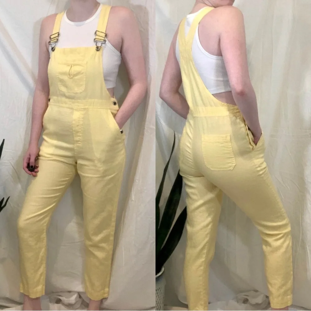 Vintage Y2K Pastel Yellow Linen Cropped Overalls - Picture 1 of 12